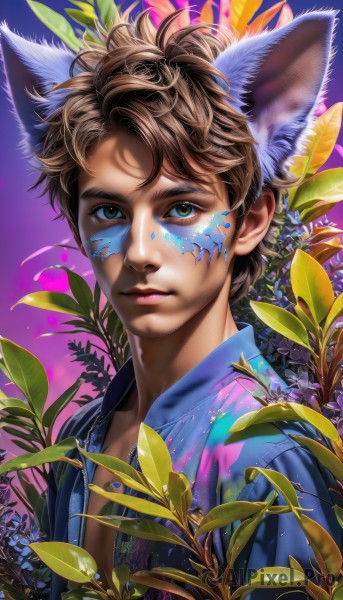 solo,looking at viewer,short hair,brown hair,shirt,1boy,animal ears,brown eyes,closed mouth,green eyes,upper body,male focus,cat ears,lips,eyelashes,leaf,blue shirt,plant,portrait,realistic,nose,facepaint,paint splatter,flower,japanese clothes,open clothes,kimono,fox ears,wolf ears,extra ears,purple background,colorful