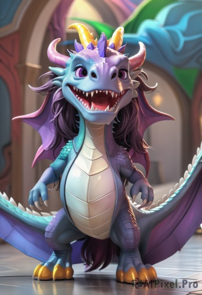 solo,long hair,open mouth,standing,purple eyes,tail,full body,wings,horns,teeth,artist name,indoors,signature,blurry,no humans,blurry background,fangs,sharp teeth,claws,dragon horns,dragon,dragon tail,scales,dragon wings,looking at viewer,watermark,reflection,tiles,tile floor,reflective floor