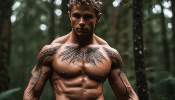 solo,looking at viewer,short hair,black hair,1boy,closed mouth,nipples,upper body,male focus,nude,dark skin,blurry,tattoo,muscular,blurry background,piercing,abs,dark-skinned male,pectorals,muscular male,nature,bara,forest,large pectorals,realistic,arm tattoo,manly,shoulder tattoo,chest tattoo,jewelry,earrings,outdoors,day,pointy ears,facial hair,elf,ear piercing,undercut,neck tattoo