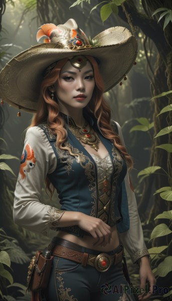 1girl,solo,long hair,breasts,looking at viewer,brown hair,shirt,long sleeves,hat,navel,cleavage,brown eyes,jewelry,medium breasts,standing,white shirt,weapon,flower,cowboy shot,earrings,outdoors,parted lips,day,midriff,belt,pants,necklace,mole,blurry,vest,tree,lips,fingernails,gun,eyelashes,makeup,leaf,wavy hair,black pants,sunlight,plant,lipstick,animal print,brooch,gem,nature,mole under mouth,buckle,pendant,eyeshadow,forest,freckles,arm at side,curly hair,pouch,belt buckle,realistic,nose,red lips,brown belt,holster,blue vest,hat feather,belt pouch,mascara,red gemstone,holstered weapon,mole above mouth,jacket,black eyes,feathers,denim,web address,jeans,forehead jewel,dappled sunlight