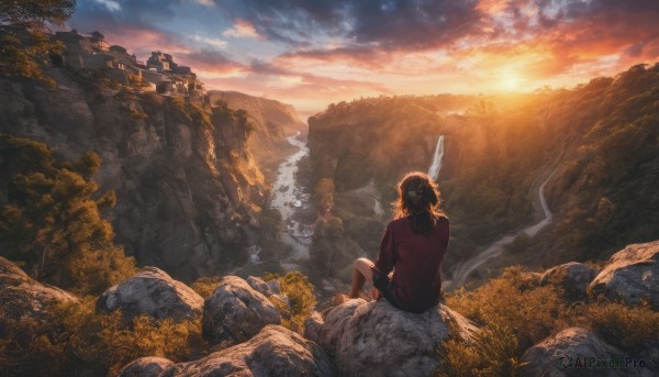 1girl, solo, long hair, brown hair, shirt, sitting, outdoors, sky, shorts, cloud, from behind, tree, red shirt, nature, scenery, sunset, rock, mountain, facing away, landscape