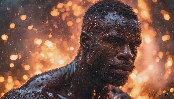 solo, looking at viewer, black hair, 1boy, closed mouth, male focus, dark skin, blurry, facial hair, dark-skinned male, portrait, beard, realistic, very dark skin