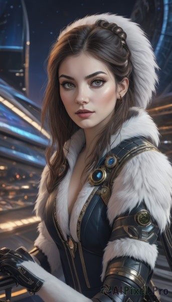 1girl,solo,long hair,breasts,looking at viewer,brown hair,hair ornament,gloves,cleavage,brown eyes,jewelry,medium breasts,closed mouth,upper body,braid,earrings,outdoors,lips,fur trim,eyelashes,makeup,night,gauntlets,freckles,realistic,nose,ponytail,parted lips,artist name,signature,blurry,blurry background,lipstick,forehead,fur collar,mechanical arms,single mechanical arm,mascara