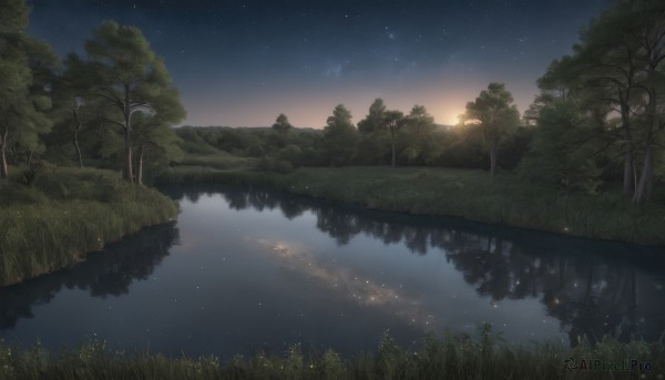 outdoors,sky,cloud,water,tree,no humans,night,grass,star (sky),nature,night sky,scenery,forest,starry sky,reflection,sunset,river,lake,reflective water,gradient sky