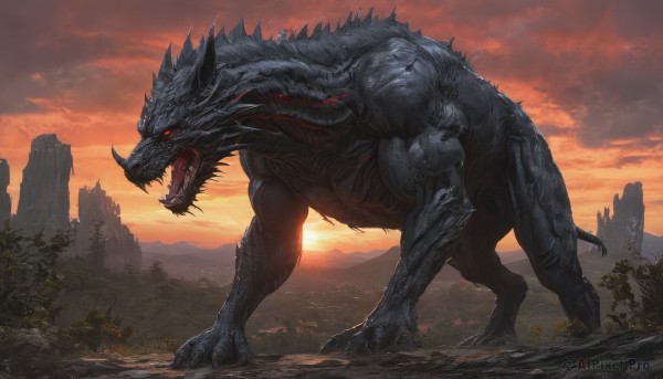 solo,open mouth,red eyes,tail,outdoors,horns,sky,teeth,cloud,tree,no humans,glowing,fangs,cloudy sky,sharp teeth,glowing eyes,claws,spikes,sunset,monster,mountain,giant,ruins,dinosaur,kaijuu,scenery,dragon,red sky