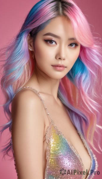 1girl,solo,long hair,breasts,looking at viewer,bangs,simple background,dress,cleavage,bare shoulders,brown eyes,jewelry,medium breasts,closed mouth,blue hair,upper body,pink hair,multicolored hair,earrings,small breasts,sleeveless,from side,two-tone hair,lips,eyelashes,makeup,watermark,pink background,multicolored clothes,personification,realistic,nose,rainbow,rainbow hair,artist name,necklace,wavy hair