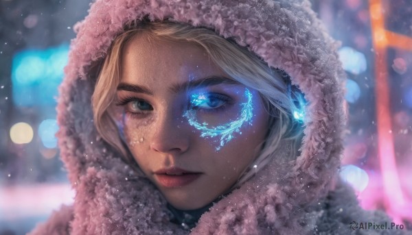 1girl, solo, looking at viewer, blue eyes, blonde hair, parted lips, hood, blurry, lips, fur trim, eyelashes, makeup, glowing, portrait, snow, eyeshadow, snowing, realistic, nose, mascara