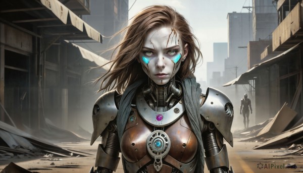 HQ,1girl,long hair,breasts,looking at viewer,brown hair,brown eyes,medium breasts,closed mouth,standing,yellow eyes,upper body,outdoors,solo focus,day,artist name,armor,lips,bodysuit,blood,facial mark,wind,shoulder armor,building,science fiction,serious,city,realistic,nose,ruins,cyborg,power armor,cyberpunk,dust,solo,glowing,expressionless,messy hair,pale skin,glowing eyes,injury,dirty,damaged,neon trim,dirty face