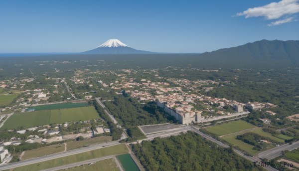 outdoors,sky,day,cloud,tree,blue sky,no humans,building,nature,scenery,forest,mountain,city,road,cityscape,house,river,landscape,mountainous horizon,hill,town,ocean,from above,horizon,mount fuji