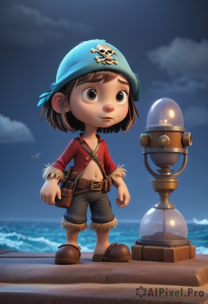 1girl,solo,smile,short hair,brown hair,shirt,1boy,hat,navel,brown eyes,closed mouth,standing,full body,weapon,male focus,outdoors,open clothes,sky,shoes,shorts,belt,cloud,night,ocean,brown footwear,cloudy sky,red shirt,child,lantern,bandana,female child,watercraft,male child,ship,pirate hat,pirate,bag,night sky,skull,telescope