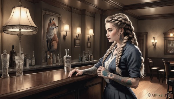 1girl,solo,long hair,breasts,blush,skirt,blonde hair,brown hair,shirt,jewelry,jacket,white shirt,braid,earrings,open clothes,collared shirt,indoors,black skirt,twin braids,open jacket,cup,lips,tattoo,profile,makeup,animal,chair,table,bottle,hair over shoulder,alcohol,sleeves rolled up,drinking glass,realistic,nose,lamp,arm tattoo,stool,fox,sleeves pushed up,bar (place),counter,ceiling light,whiskey,smile,dress,medium breasts,closed mouth,upper body,short sleeves,multicolored hair,pleated skirt,necklace,nail polish,mole,from side,two-tone hair,fingernails,grey eyes,piercing,ring,thick eyebrows,lipstick,ear piercing,black nails,ice,drink,red lips,glass,crown braid,wolf,wine bottle,mascara,wooden table,hand tattoo