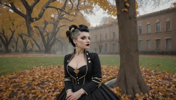 1girl,solo,breasts,large breasts,black hair,hair ornament,long sleeves,dress,cleavage,jewelry,medium breasts,jacket,braid,earrings,outdoors,parted lips,day,hair bun,black eyes,black dress,tree,lips,black jacket,looking to the side,makeup,leaf,looking away,single hair bun,own hands together,lipstick,realistic,red lips,autumn leaves,autumn,falling leaves,looking at viewer