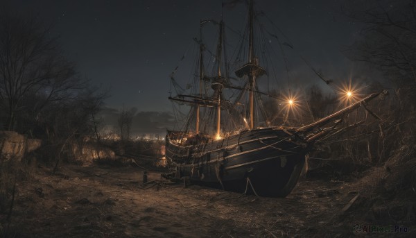 outdoors,sky,tree,military,no humans,night,fire,star (sky),night sky,scenery,starry sky,military vehicle,watercraft,bare tree,ship,tent,campfire,dark