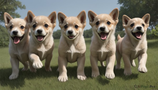 looking at viewer,smile,open mouth,blue eyes,standing,outdoors,sky,day,tongue,tongue out,black eyes,tree,blue sky,no humans,animal,fangs,grass,dog,realistic,animal focus,cloud,signature,nature,forest