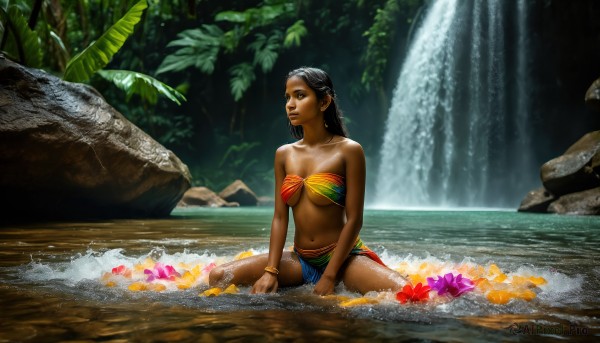 HQ,1girl,solo,long hair,breasts,black hair,navel,bare shoulders,brown eyes,jewelry,medium breasts,sitting,collarbone,swimsuit,flower,bikini,earrings,outdoors,day,pointy ears,dark skin,water,bracelet,dark-skinned female,tree,lips,strapless,underboob,wariza,looking away,nature,forest,partially submerged,rock,realistic,nose,bandeau,bangle,tube top,hibiscus,river,waterfall,barefoot,necklace,ocean,leaf,beach