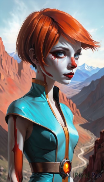 1girl,solo,breasts,looking at viewer,short hair,blue eyes,upper body,red hair,small breasts,outdoors,sky,sleeveless,day,belt,artist name,cloud,orange hair,blue sky,lips,eyelashes,bodysuit,blood,makeup,colored skin,lipstick,gem,injury,blood on face,mountain,nose,red lips,cuts,medium breasts,closed mouth,freckles