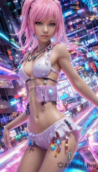 1girl,solo,long hair,breasts,looking at viewer,smile,bangs,blue eyes,navel,cleavage,twintails,jewelry,medium breasts,underwear,swimsuit,pink hair,bikini,cowboy shot,earrings,midriff,necklace,lips,white bikini,realistic,standing,outdoors,parted lips,night,heterochromia,watermark,piercing,ground vehicle,web address,motor vehicle,city,car,navel piercing,neon lights