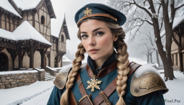 1girl,solo,long hair,looking at viewer,blue eyes,blonde hair,brown hair,hat,closed mouth,upper body,braid,outdoors,belt,armor,uniform,twin braids,tree,lips,coat,grey eyes,military,military uniform,beret,shoulder armor,building,hair over shoulder,snow,blue headwear,pauldrons,snowing,realistic,nose,house,shoulder pads,winter,bare tree,blue coat,bangs,day,portrait,peaked cap,freckles,military hat