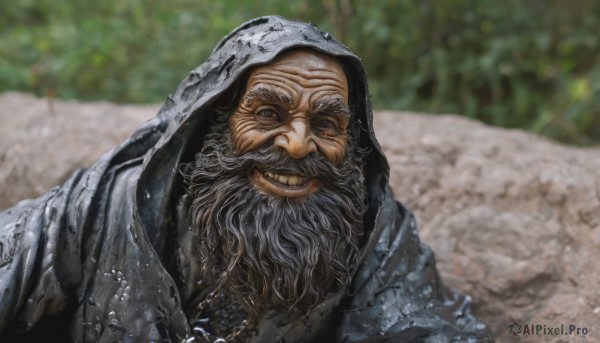 solo,looking at viewer,smile,1boy,brown eyes,upper body,grey hair,male focus,outdoors,teeth,day,hood,grin,blurry,blurry background,facial hair,beard,hood up,realistic,bald,old,old man,wrinkled skin,black eyes,grey eyes,portrait,cloak,robe