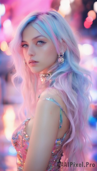 1girl,solo,long hair,breasts,looking at viewer,blue eyes,dress,bare shoulders,jewelry,medium breasts,closed mouth,blue hair,upper body,pink hair,multicolored hair,earrings,choker,tears,necklace,blurry,from side,two-tone hair,lips,streaked hair,looking to the side,grey eyes,eyelashes,depth of field,blurry background,wavy hair,strap slip,realistic,nose,bokeh,bangs,small breasts,parted lips,sleeveless,artist name,mole,parted bangs,mole under eye,makeup,gem,pink lips,mascara,pearl (gemstone)