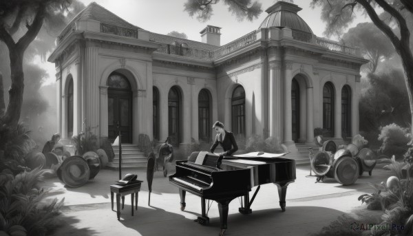 solo,long hair,shirt,long sleeves,1boy,hat,sitting,jacket,monochrome,flower,greyscale,male focus,outdoors,multiple boys,pants,tree,window,shadow,chair,formal,suit,grass,plant,building,instrument,nature,scenery,music,bush,wide shot,playing instrument,statue,violin,piano,church,grand piano,short hair,standing,necktie,2boys,bench,architecture