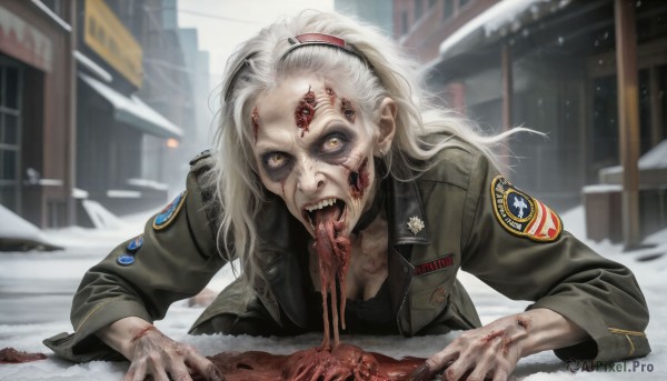 HQ,1girl,solo,long hair,breasts,looking at viewer,open mouth,hair ornament,long sleeves,cleavage,jewelry,medium breasts,collarbone,jacket,yellow eyes,ponytail,white hair,earrings,outdoors,open clothes,teeth,choker,day,tongue,tongue out,blurry,uniform,open jacket,military,blood,military uniform,depth of field,blurry background,fangs,scar,sharp teeth,building,snow,forehead,veins,injury,blood on face,snowing,green jacket,badge,downblouse,military jacket,blood from mouth,horror (theme),guro,patch,hairband,lying,food,coat,torn clothes,saliva,eating,on stomach,realistic,emblem,blood on clothes,house,dirty,hair pulled back,meat,leather jacket,bangs pinned back,dirty face