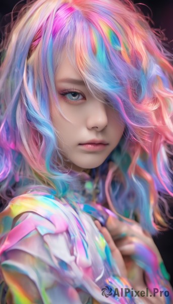 1girl,solo,long hair,looking at viewer,bangs,blue eyes,simple background,shirt,closed mouth,blue hair,upper body,pink hair,multicolored hair,hair over one eye,lips,eyelashes,makeup,hand on own chest,black background,portrait,pink lips,realistic,nose,hands on own chest,colorful,rainbow hair,artist name,blurry,streaked hair,grey eyes,depth of field,watermark,web address