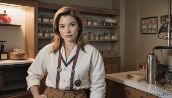 1girl,solo,long hair,looking at viewer,smile,blue eyes,brown hair,shirt,long sleeves,brown eyes,closed mouth,standing,white shirt,upper body,indoors,medium hair,mole,blurry,lips,hand on hip,book,buttons,suspenders,bottle,sleeves rolled up,freckles,realistic,nose,basket,shelf,kitchen,stethoscope,sink,counter,cabinet,chef,collared shirt,sleeves pushed up