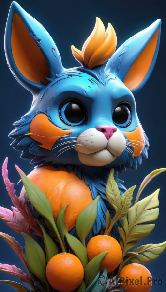 solo,blue eyes,simple background,animal ears,closed mouth,food,artist name,black eyes,gradient,gradient background,no humans,fruit,animal,leaf,blue background,plant,furry,outline,white outline,animal focus,orange (fruit),whiskers,looking at viewer,upper body,watermark,web address,creature,bat ears