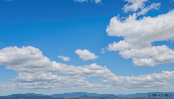 outdoors,sky,day,cloud,blue sky,no humans,cloudy sky,nature,scenery,blue theme,mountain,horizon,landscape,mountainous horizon,monochrome,forest