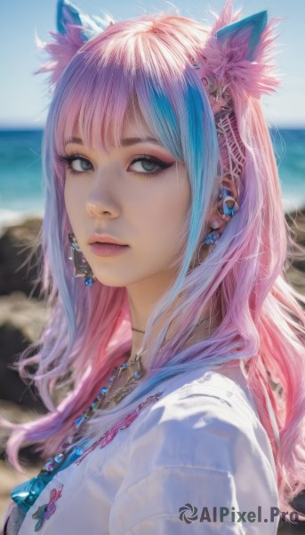 1girl,solo,long hair,looking at viewer,bangs,blue eyes,shirt,hair ornament,animal ears,jewelry,closed mouth,blue hair,white shirt,upper body,pink hair,multicolored hair,earrings,outdoors,sky,day,cat ears,necklace,blurry,from side,two-tone hair,lips,streaked hair,looking to the side,eyelashes,makeup,depth of field,blurry background,ocean,beach,piercing,ear piercing,portrait,eyeshadow,realistic,nose,eyeliner,green eyes,flower,artist name,hair flower,water,blue sky,expressionless,lipstick,mascara