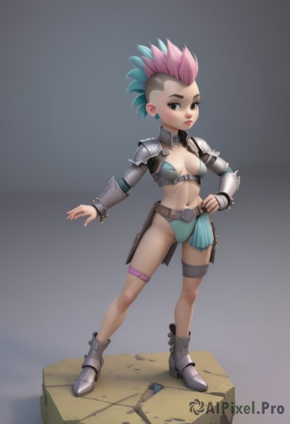 1girl,solo,breasts,looking at viewer,short hair,navel,cleavage,brown eyes,jewelry,medium breasts,closed mouth,blue hair,standing,swimsuit,full body,weapon,pink hair,bikini,multicolored hair,earrings,small breasts,boots,midriff,belt,artist name,signature,grey background,armor,high heels,bracelet,two-tone hair,lips,fingernails,gradient,hand on hip,makeup,thigh strap,cameltoe,piercing,lipstick,spiked hair,shoulder armor,spikes,eyeshadow,legs apart,pauldrons,pink lips,vambraces,eyeliner,bracer,undercut,bikini armor,shoulder pads,mohawk,single pauldron,faux figurine,very short hair