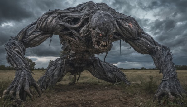 solo,open mouth,red eyes,outdoors,sky,teeth,cloud,tree,no humans,glowing,cloudy sky,grass,sharp teeth,glowing eyes,claws,monster,giant,horror (theme),eldritch abomination,scenery