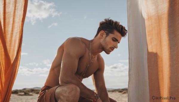 solo,short hair,brown hair,black hair,1boy,jewelry,nipples,closed eyes,male focus,outdoors,sky,shorts,day,cloud,dark skin,necklace,blurry,bracelet,blue sky,muscular,facial hair,dark-skinned male,pectorals,muscular male,bara,beard,topless male,realistic,sand,stubble,undercut,chest hair,sitting,closed mouth,beach,large pectorals,mature male,leg hair,arm hair