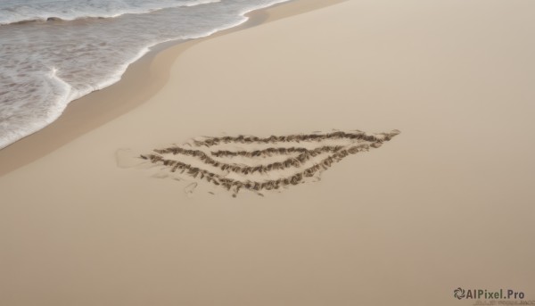 multiple girls,monochrome,outdoors,water,no humans,ocean,6+girls,watermark,beach,scenery,web address,sand,sepia,waves,shore,desert,footprints,white background,artist name