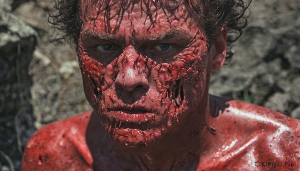 solo,looking at viewer,short hair,black hair,1boy,male focus,teeth,tongue,blurry,black eyes,blurry background,portrait,monster,realistic,blue eyes,blood,mask,close-up,blood on face,straight-on