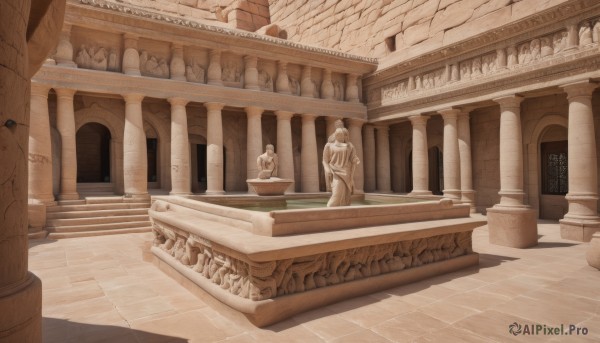 1girl,solo,1boy,outdoors,water,no humans,building,scenery,stairs,architecture,pillar,statue,arch,column,day,sunlight,tile floor,pavement,stone floor,fountain,brick floor