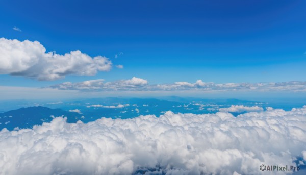 outdoors,sky,day,cloud,blue sky,no humans,bird,ocean,cloudy sky,scenery,blue theme,horizon,landscape,above clouds,monochrome,water,island