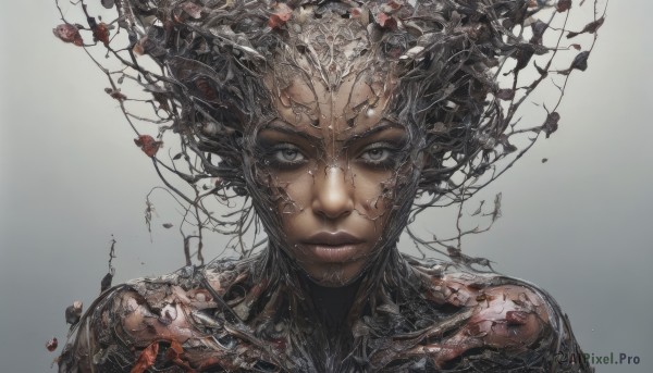 1girl,solo,looking at viewer,short hair,simple background,closed mouth,upper body,flower,grey background,lips,gradient,grey eyes,gradient background,portrait,science fiction,realistic,crack,mechanical parts,1boy,male focus,branch,white eyes,straight-on,cracked skin