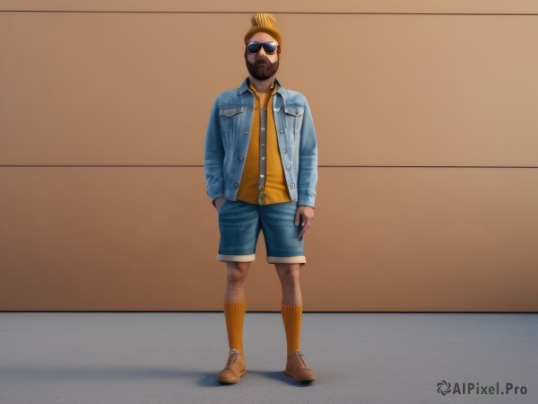 solo,looking at viewer,blonde hair,1boy,standing,jacket,full body,male focus,open clothes,shoes,shorts,socks,dark skin,open jacket,buttons,facial hair,sunglasses,denim,blue jacket,beard,blue shorts,denim shorts,hand in pocket,yellow shirt,realistic,leg hair,denim jacket,simple background,shirt,long sleeves,boots,artist name,hair bun,mask,shadow,brown footwear,single hair bun,facing viewer,brown background,black-framed eyewear,pocket,hands in pockets,mouth mask,tinted eyewear,mohawk,aviator sunglasses