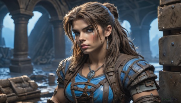 1girl,solo,long hair,breasts,looking at viewer,blue eyes,brown hair,shirt,jewelry,medium breasts,closed mouth,upper body,braid,short sleeves,earrings,necklace,hair bun,armor,blurry,lips,makeup,blurry background,scar,single hair bun,blue shirt,shoulder armor,scar on face,half updo,nose,scar across eye,leather,strap,pillar,ponytail,tattoo,lipstick,pendant,realistic,red lips,facepaint,thick lips