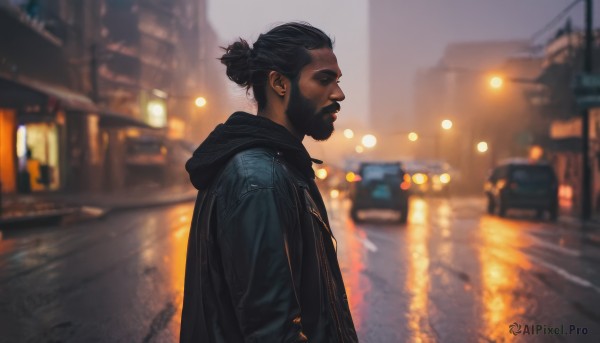 solo,short hair,black hair,1boy,jacket,upper body,male focus,outdoors,dark skin,hood,hair bun,blurry,from side,black jacket,dutch angle,hoodie,profile,night,depth of field,blurry background,facial hair,single hair bun,hood down,ground vehicle,motor vehicle,beard,city,realistic,car,road,street,jewelry,closed mouth,earrings,open clothes,open jacket,denim,blue jacket,building,hooded jacket,reflection,rain,stud earrings,lamppost,grey sky,denim jacket