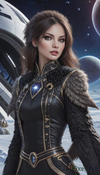 1girl,solo,long hair,breasts,looking at viewer,brown hair,long sleeves,dress,brown eyes,jewelry,earrings,parted lips,sky,belt,artist name,black dress,lips,fur trim,makeup,lipstick,brooch,gem,star (sky),snow,starry sky,gold trim,realistic,nose,red lips,space,planet,earth (planet),feather trim,medium breasts,upper body,bodysuit,feathers,science fiction,black bodysuit,spacecraft