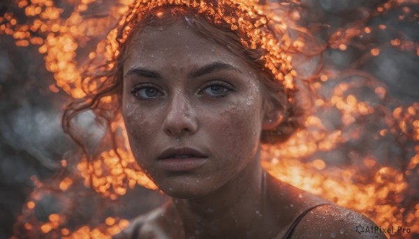 1girl, solo, looking at viewer, short hair, blue eyes, brown hair, bare shoulders, parted lips, lips, grey eyes, eyelashes, portrait, freckles, realistic, nose