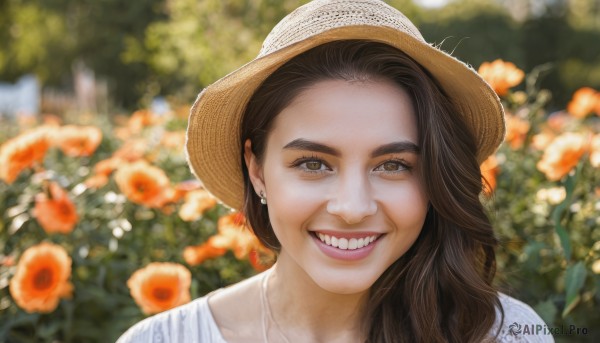 1girl,solo,long hair,looking at viewer,smile,open mouth,brown hair,shirt,hat,brown eyes,jewelry,white shirt,flower,earrings,outdoors,teeth,day,artist name,signature,necklace,grin,blurry,lips,depth of field,blurry background,portrait,sun hat,realistic,straw hat,stud earrings,:d,thick eyebrows