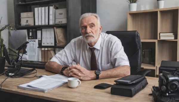 solo,looking at viewer,short hair,shirt,1boy,sitting,white shirt,upper body,white hair,grey hair,male focus,necktie,collared shirt,indoors,cup,book,facial hair,chair,phone,table,plant,black necktie,beard,desk,sleeves rolled up,watch,mug,paper,realistic,mustache,camera,bookshelf,pen,wristwatch,potted plant,lamp,computer,old,coffee,old man,laptop,coffee mug,office,brown necktie,desk lamp,wrinkled skin,own hands together,box,interlocked fingers,microphone,keyboard (computer),arm hair,radio,elbows on table