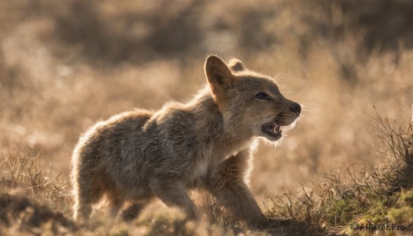 solo,open mouth,blue eyes,outdoors,cloud,signature,blurry,from side,tree,no humans,depth of field,blurry background,animal,fangs,grass,realistic,animal focus,whiskers,sky,profile,mouse