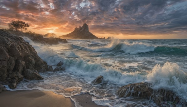 outdoors,sky,cloud,water,tree,no humans,ocean,beach,cloudy sky,nature,scenery,sunset,rock,mountain,sand,sun,horizon,waves,shore,orange sky,sunlight