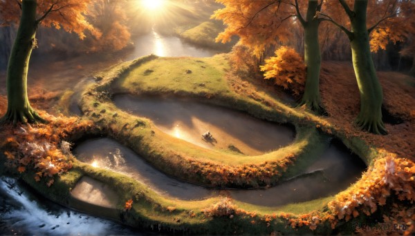 HQ,outdoors,day,water,tree,no humans,leaf,sunlight,grass,nature,scenery,forest,sunset,light rays,mountain,sun,road,autumn leaves,sunbeam,river,autumn,landscape,lake,sky,cloud,animal,fantasy,dragon,watercraft,bridge,waterfall,boat,ambiguous gender