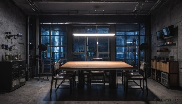 sky,cloud,indoors,cup,book,no humans,window,night,shadow,chair,table,bottle,box,star (sky),night sky,scenery,desk,starry sky,reflection,wooden floor,clock,bookshelf,lamp,stool,shelf,cabinet,telescope,plant,plate,tiles,tile floor,kitchen,ceiling,sink,ceiling light,refrigerator,stove,wooden chair